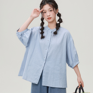 纯色棉麻上衣女夏日系复古简约衬衫百搭宽松显瘦立领五分袖衬衣潮