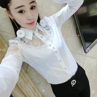 长袖衬衫女春秋款通勤气质修身花边刺绣衬衣烫钻镂空洋气显瘦上衣
