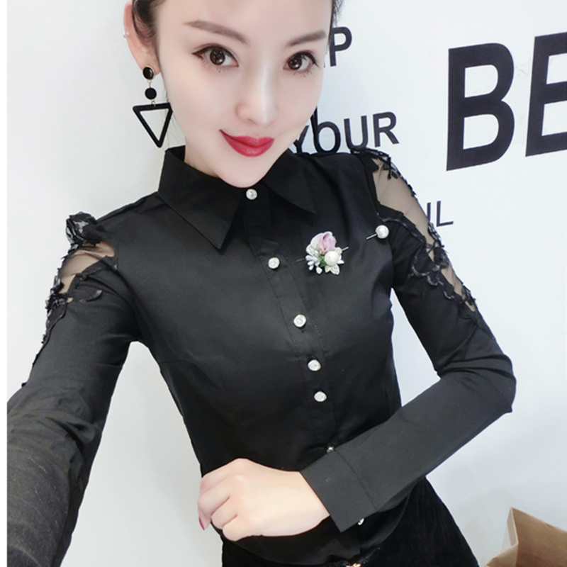 欧洲站修身长袖钉珠镂空刺绣衬衫