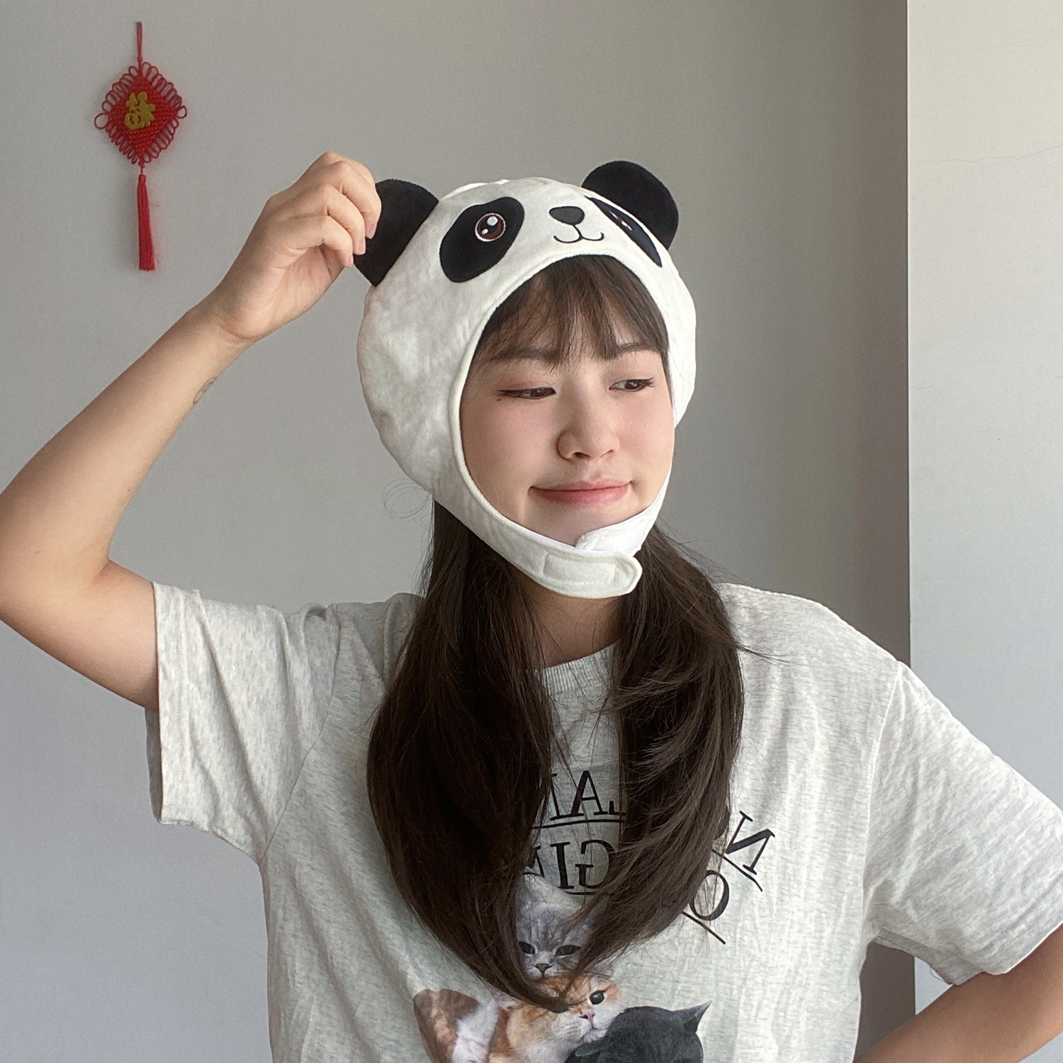 熊猫头套帽子拍照表演甜美可爱