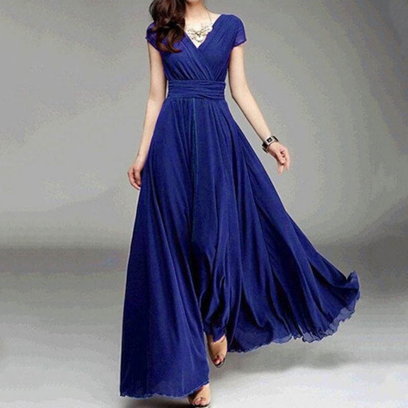 V-neck short-sleeved boho chiffon dress with waist雪纺连衣裙