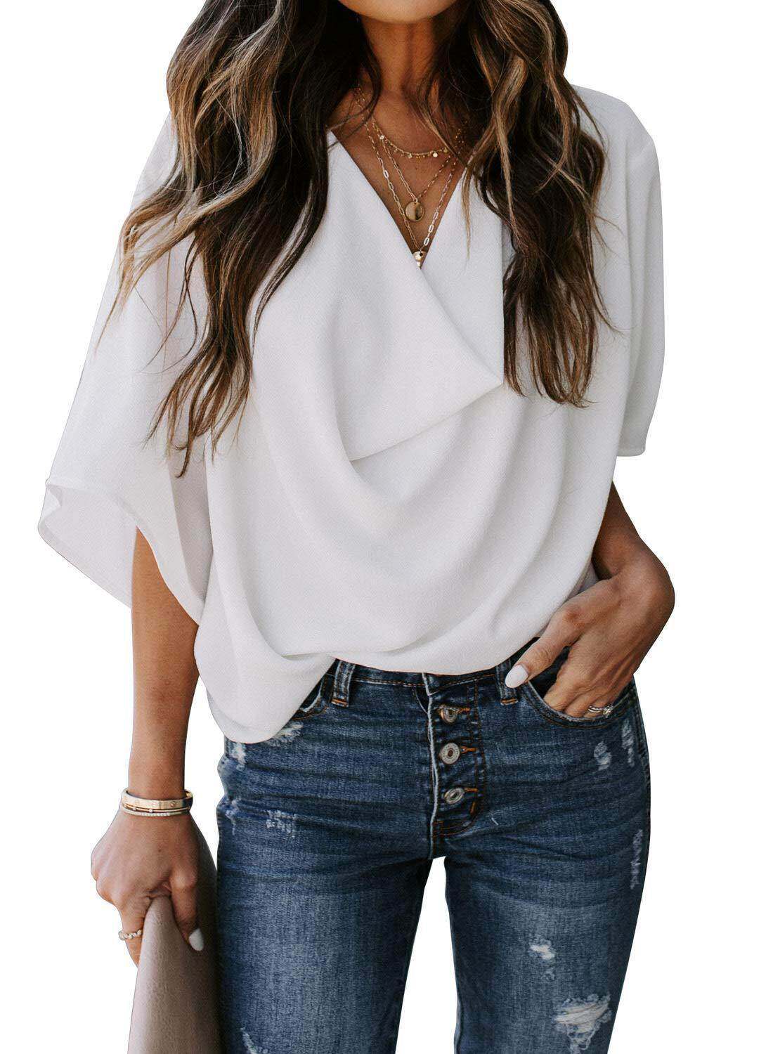 Loose v-neck casual solid color top宽松v领休闲纯色五分袖上衣