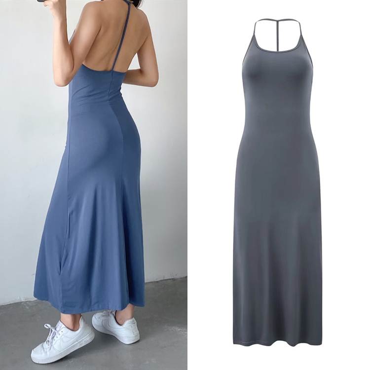欧美纯色性感大露背挂脖连衣裙女夏季修身显瘦无袖包臀裙打底长裙