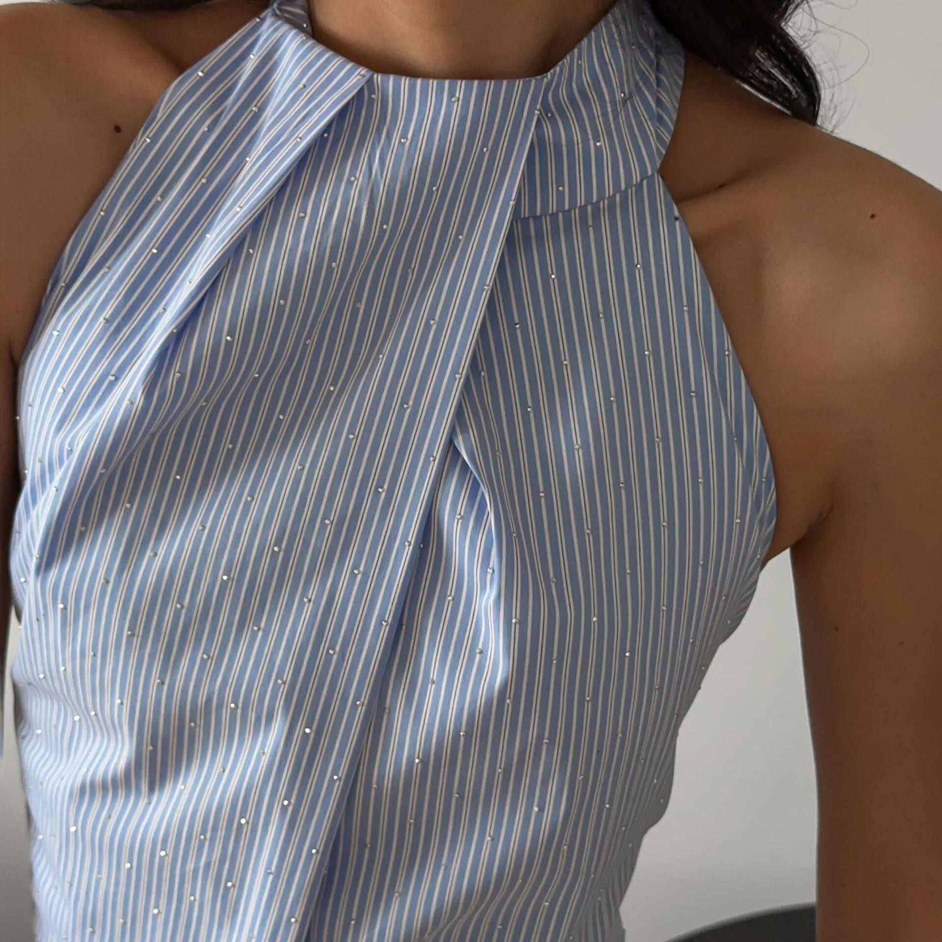 美式辣妹短款绑带挂脖露背条纹吊带背心女 Striped backless vest