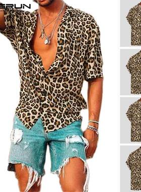 Summer Sexy Shirts Men Blouse Man Shirt Short Sleeve Leopard