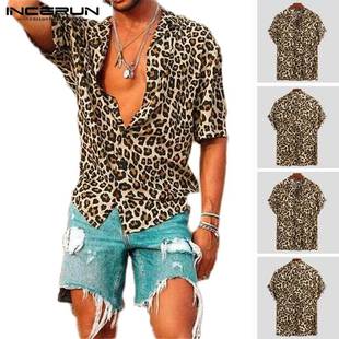 Summer Sexy Shirts Men Blouse Man Shirt Short Sleeve Leopard
