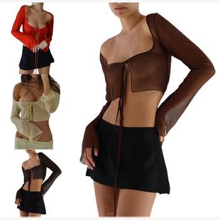 Vintage Aesthetic Crop Top Summer Women Mesh T Shirt Lace Up