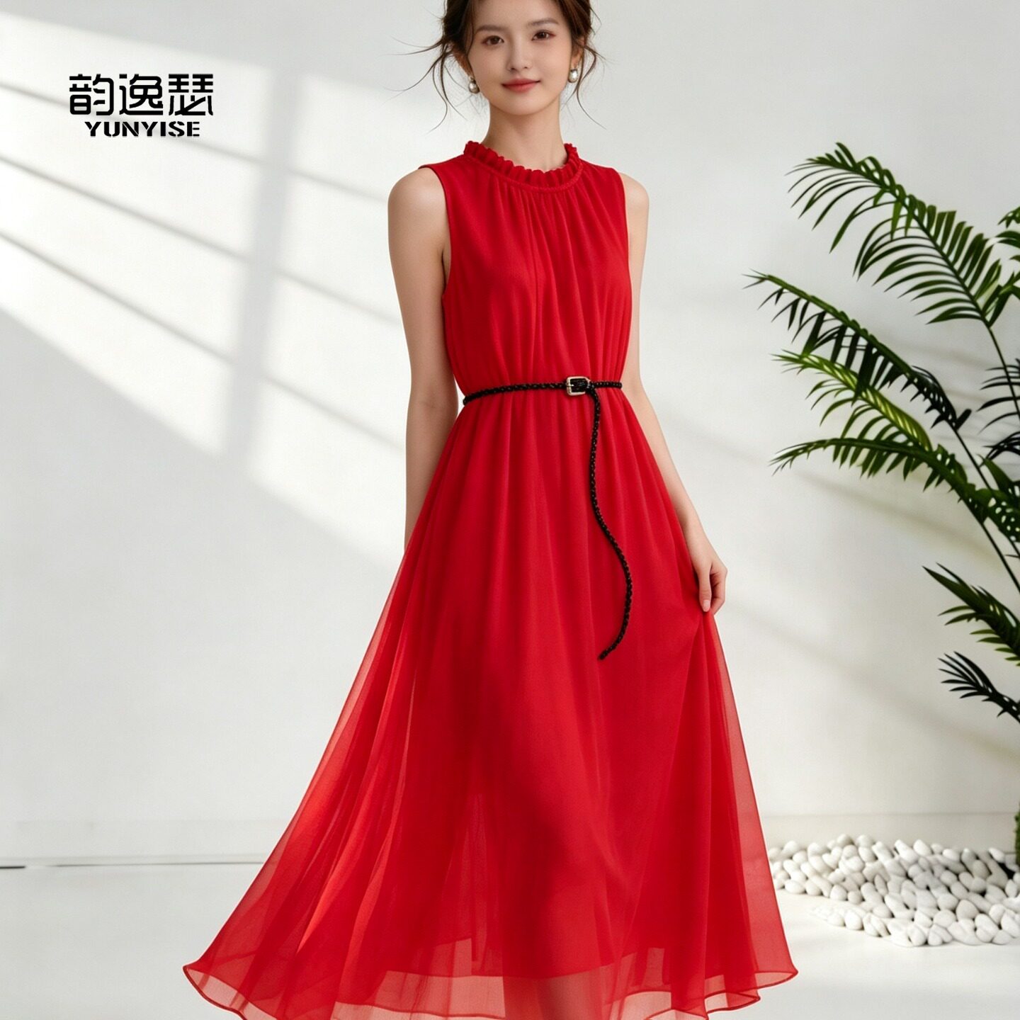 红色桑蚕丝真丝连衣裙2026夏新款无袖系带收腰显瘦气质中长裙女