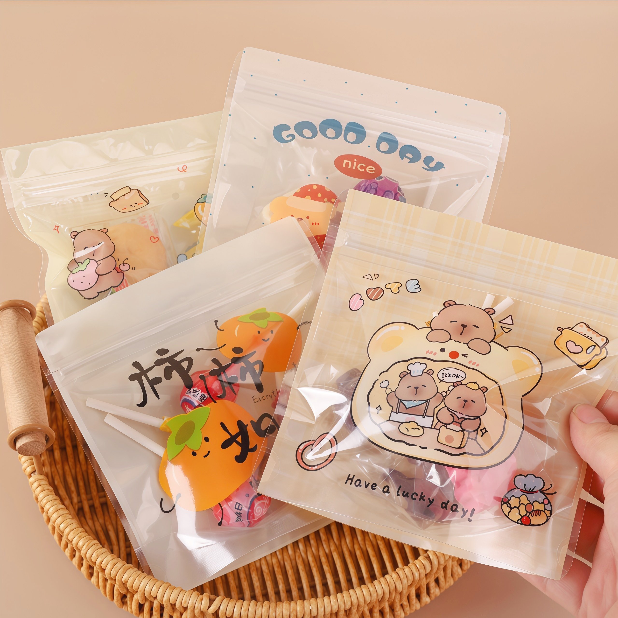 卡通小熊卡皮巴拉国风按压透明零食糖果巧克力曲奇饼干密封包装袋