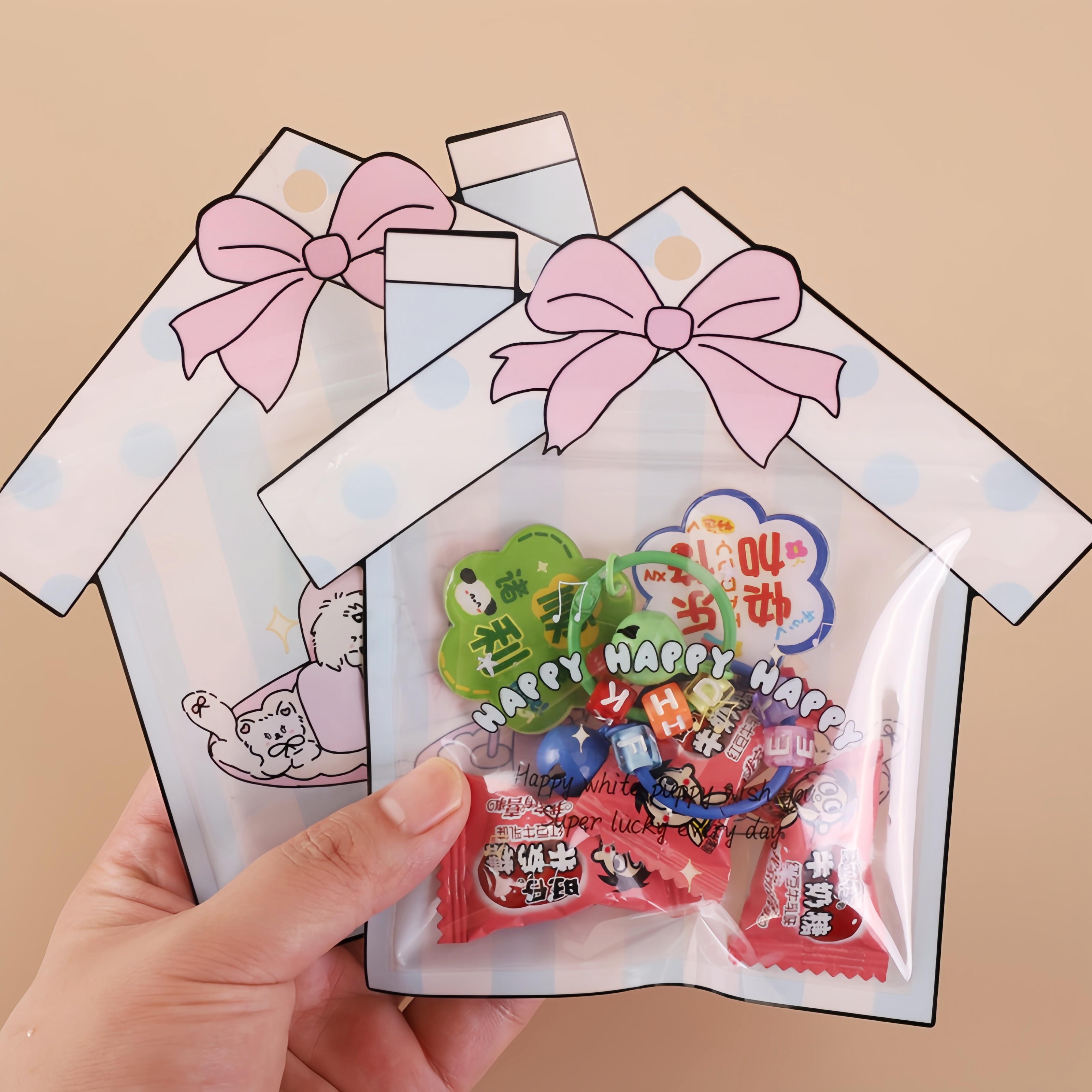 可爱蝴蝶结小房子透明卡通零食糖果礼物手作密封包装袋按压自粘袋