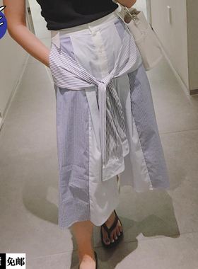 现货 RECTO. 浅蓝色衬衣袖腰带假两件棉质条纹半身裙 18CA09