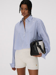 RECTO. 22春夏 条纹长袖常规通勤短款logo刺绣单排扣衬衫上衣