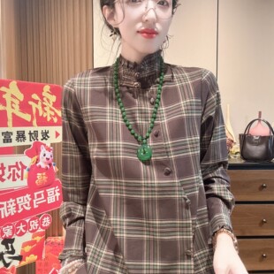5281新款撞色格子衬衫女文艺减龄花边领立领盘扣中式休闲上衣法式
