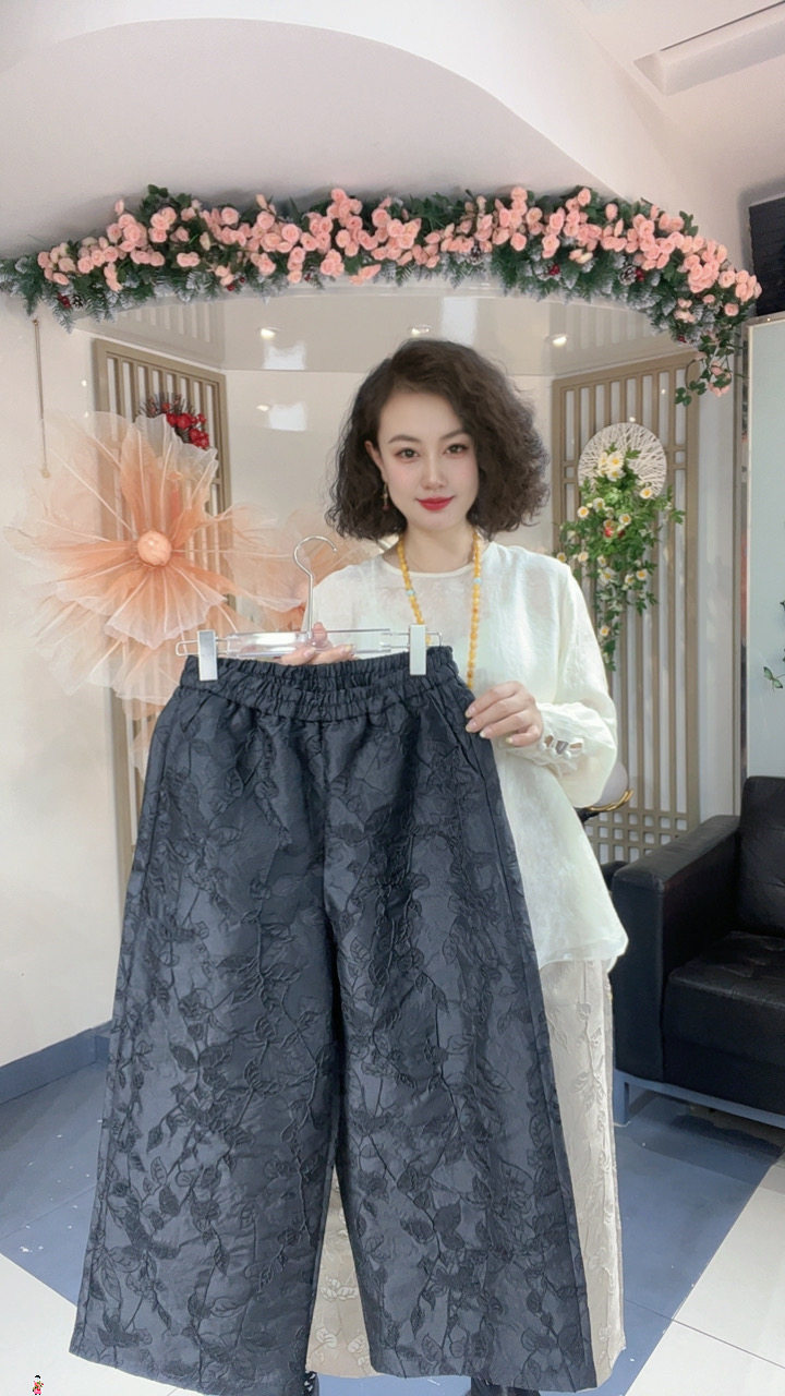 5337黑色裤子新中式国风暗纹提花裤子女裤气质百搭显瘦遮肉休闲裤