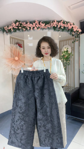 5337黑色裤子新中式国风暗纹提花裤子女裤气质百搭显瘦遮肉休闲裤