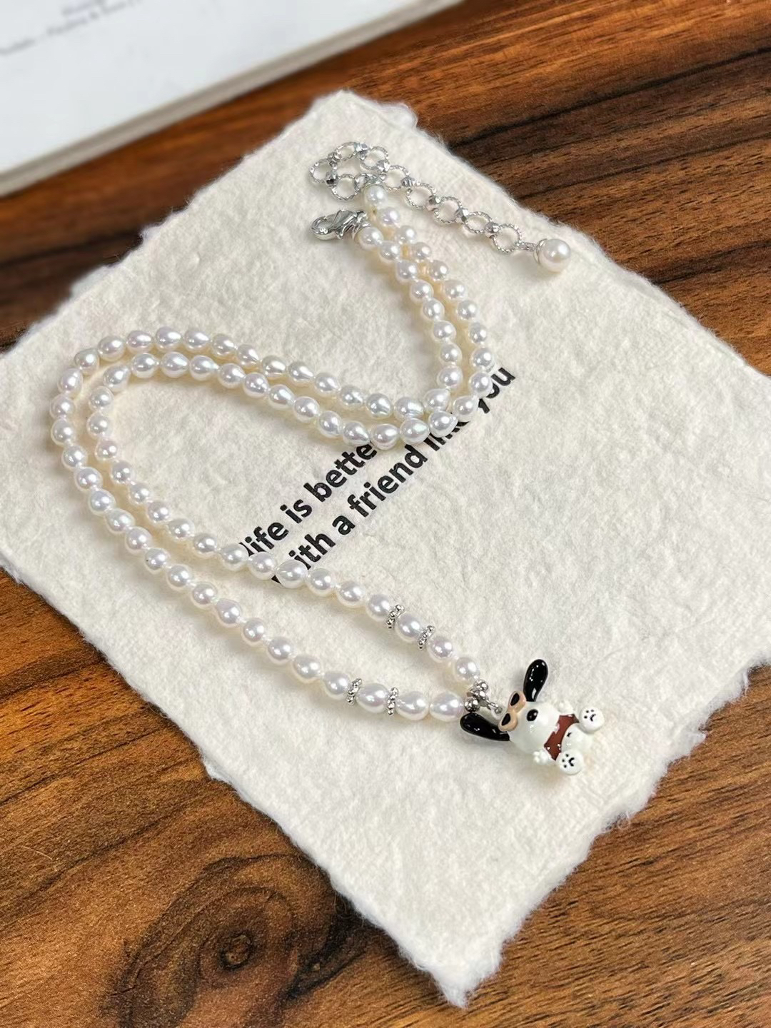 珍珠项链淡水真珍珠锁骨链正品强光可爱帕恰狗吊坠送女友礼物