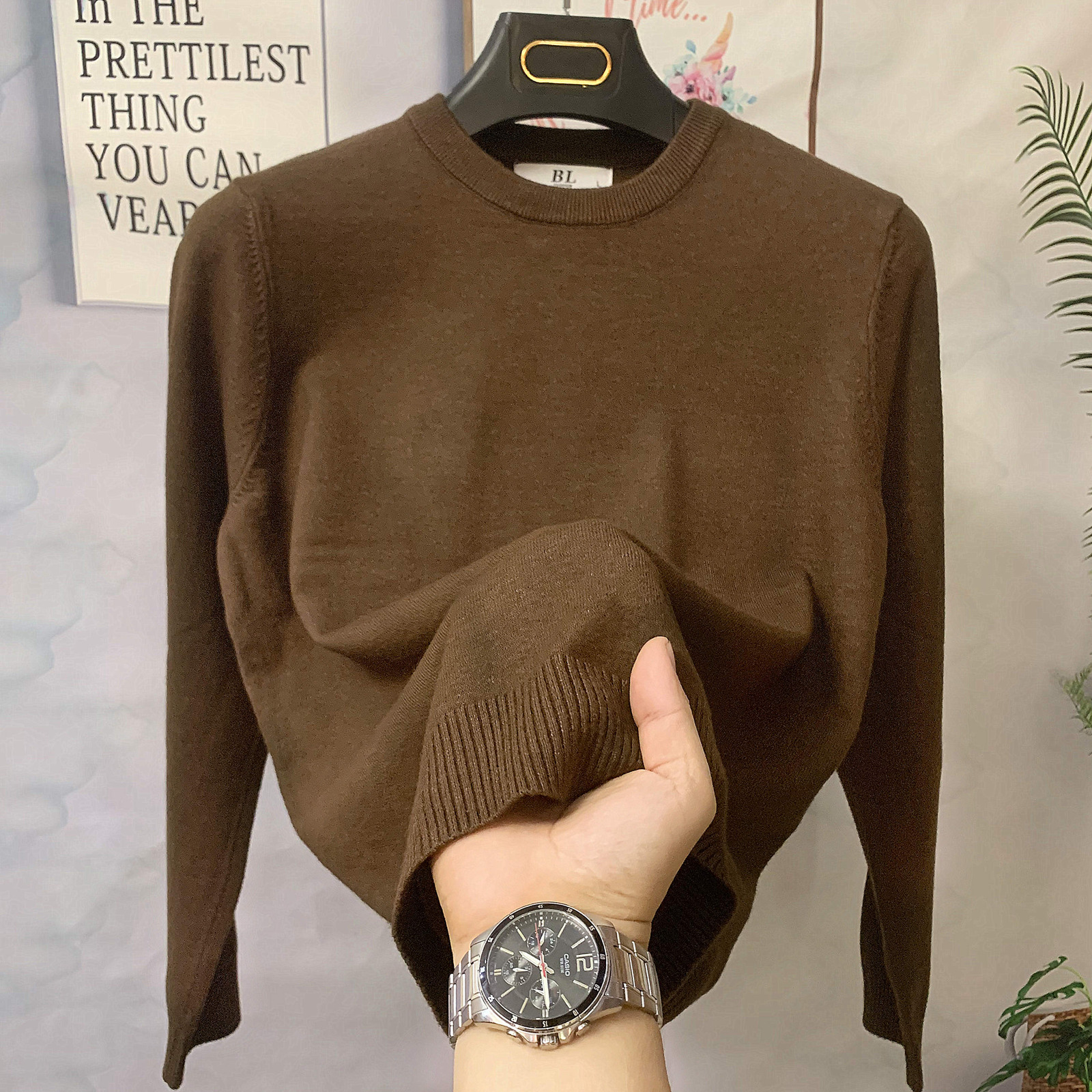 店主风纯色圆领毛衣男士休闲弹力针织衫修身打底帅气大码百搭绒衣