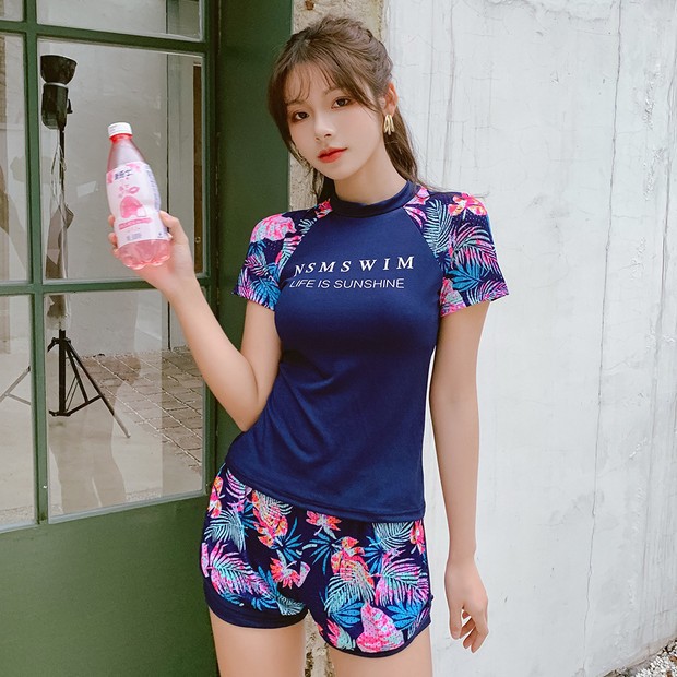 分体泳衣女保守裙式显瘦短袖运动风泳装韩国ins遮肚温泉游泳衣