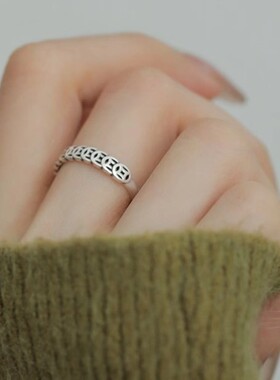 S925纯银钱多多招财戒指ins潮小众设计复古铜钱开口可调节食指戒