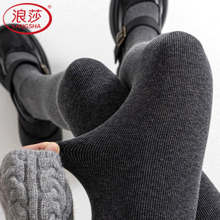 袜加厚加绒螺纹棉外穿踩脚保暖裤 浪莎竖条纹打底裤 女秋冬灰色连裤