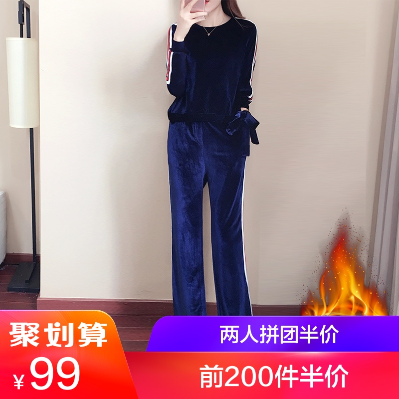 2019新款网红两件套装春装加绒加厚洋气金丝绒阔腿裤两件套女秋冬