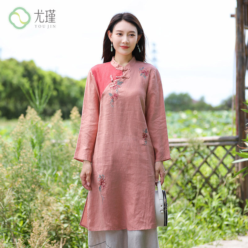 尤瑾民族风秋装新款复古亚麻刺绣改良旗袍中式上衣唐装女士2021