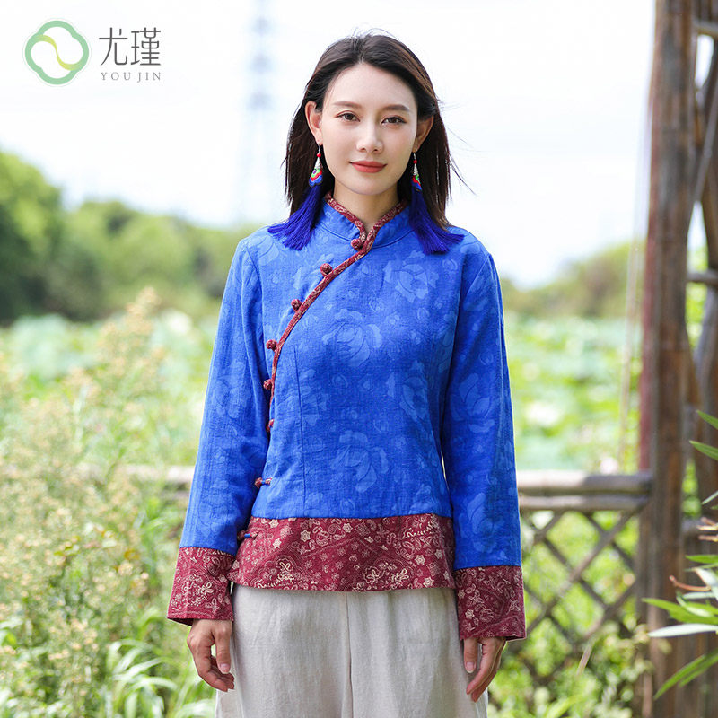 尤瑾民族风印花拼接改良唐装女士复古上衣短款开衫外套2021秋新款