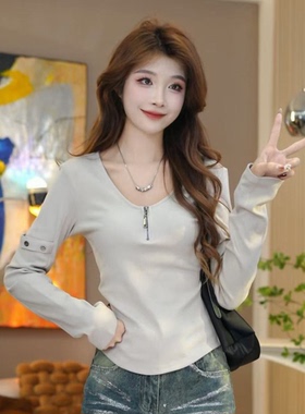 秋冬新款德绒打底衫女半拉链设计T恤长袖内搭保暖上衣多巴胺显瘦