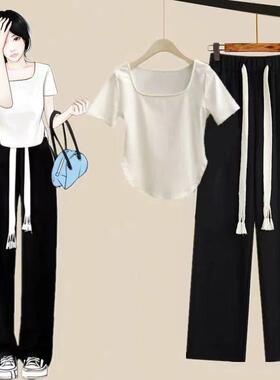 时尚套装女夏季新款休闲运动服短款T恤洋气减龄黑色阔腿裤两件套
