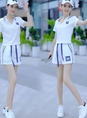 休闲运动套装女夏季2025新款时尚洋气质减龄白色POLO领宽松两件套