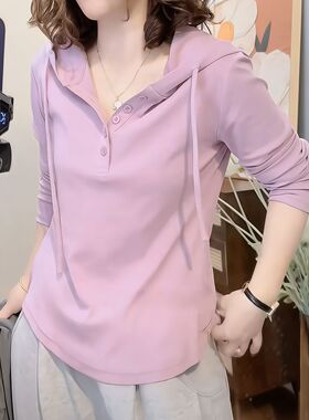 极简风气质连帽长袖t恤女秋冬季新款德绒大码宽松休闲卫衣打底衫