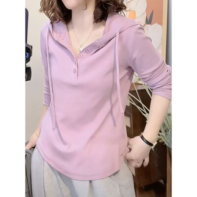 极简风气质连帽长袖t恤女秋冬季新款德绒大码宽松休闲卫衣打底衫