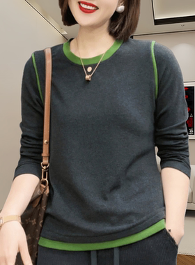 德绒保暖t恤女秋冬新款圆领拼接内搭长袖打底衫时尚宽松洋气上衣
