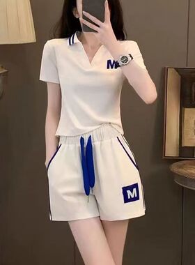 休闲运动套装女夏季2025新款时尚洋气质减龄白色POLO领宽松两件套