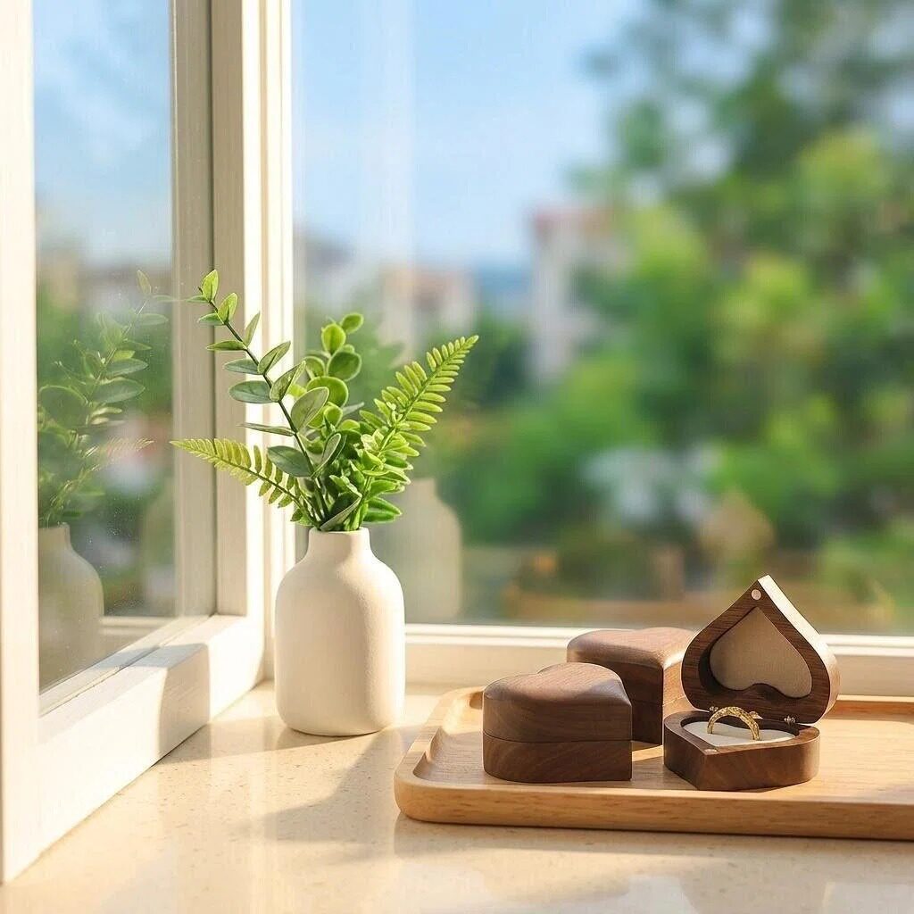 实木浮雕爱心型黑胡桃戒指盒木质求婚对戒盒礼品首饰盒饰品包装女