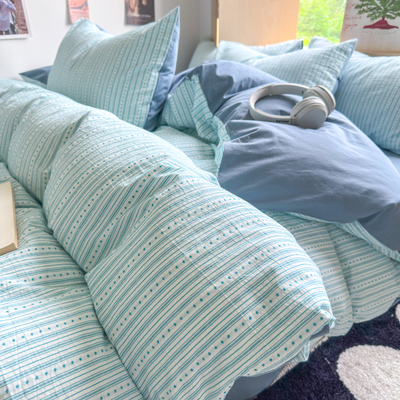 A类全棉水洗棉裸睡套件床笠四件套纯棉色织被套床单床上用品4