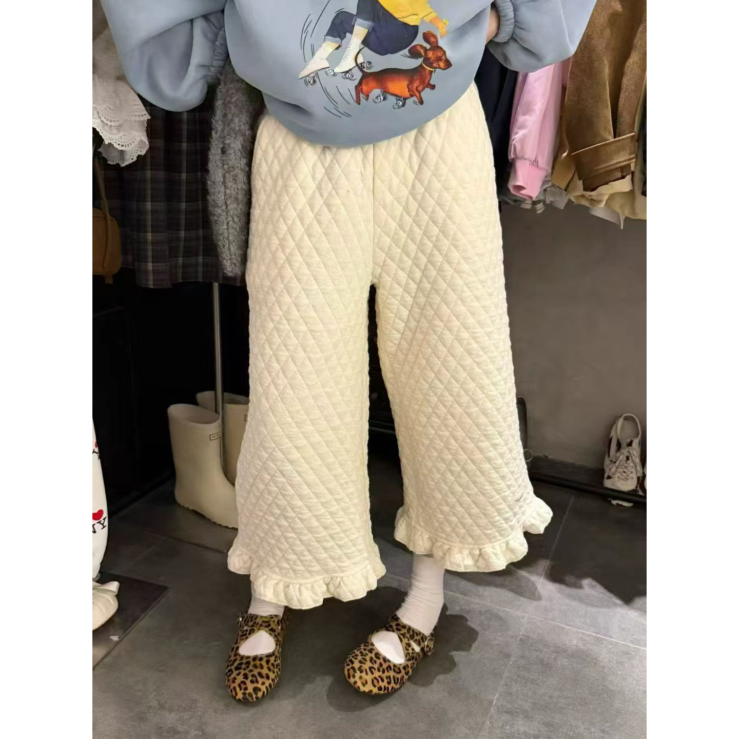 拼接花边菱格夹棉厚款休闲裤