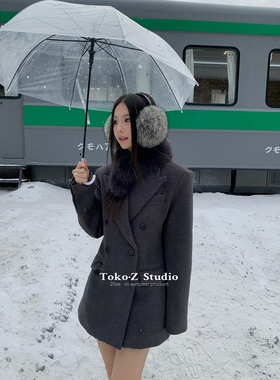 TOKO.Z冬季时髦复古双排扣收腰羊毛长袖西装外套女百搭保暖西服潮