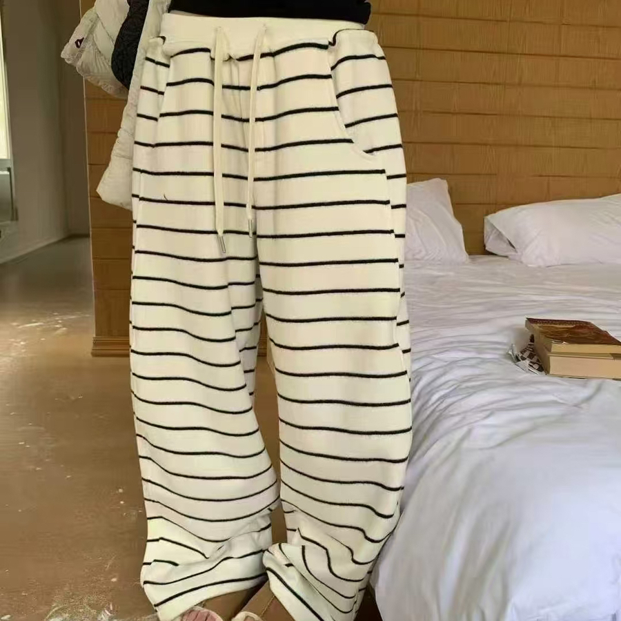 休闲条纹高腰加绒阔腿休闲裤