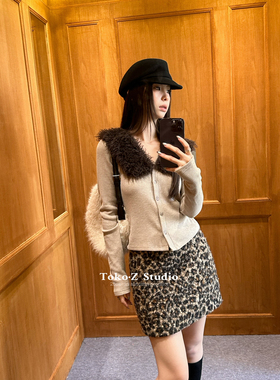 TOKO.Z冬季美式时髦拼接毛毛翻领长袖针织开衫百搭短款辣妹上衣女