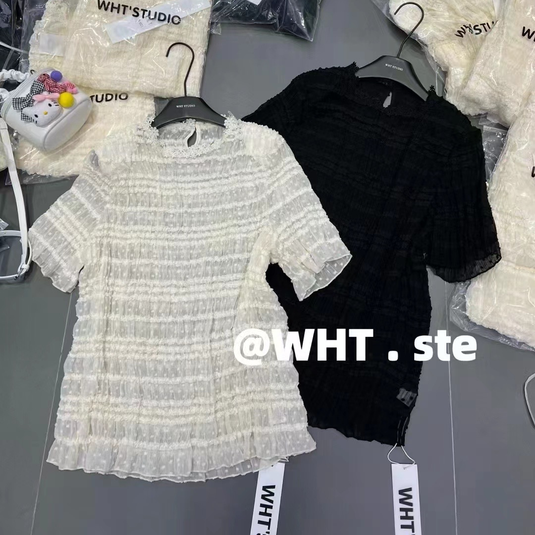 重工压褶绣花网纱木耳边短袖小衫