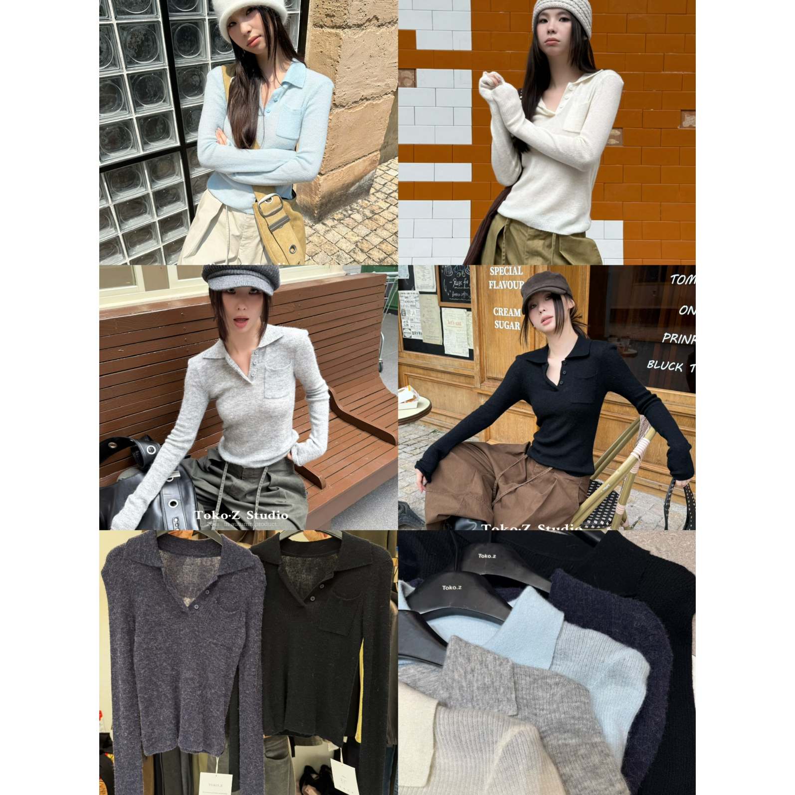 时髦半纽扣polo领长袖针织衫