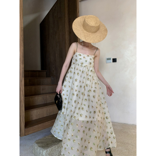 提花刺绣小众仙女花苞裙蓬蓬连衣裙 新款 EMo原创法式 吊带裙女夏季