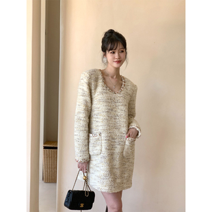 小香风连衣裙 法式 EMo原创设计感小众羊毛粗花呢长袖 裙子秋冬新款