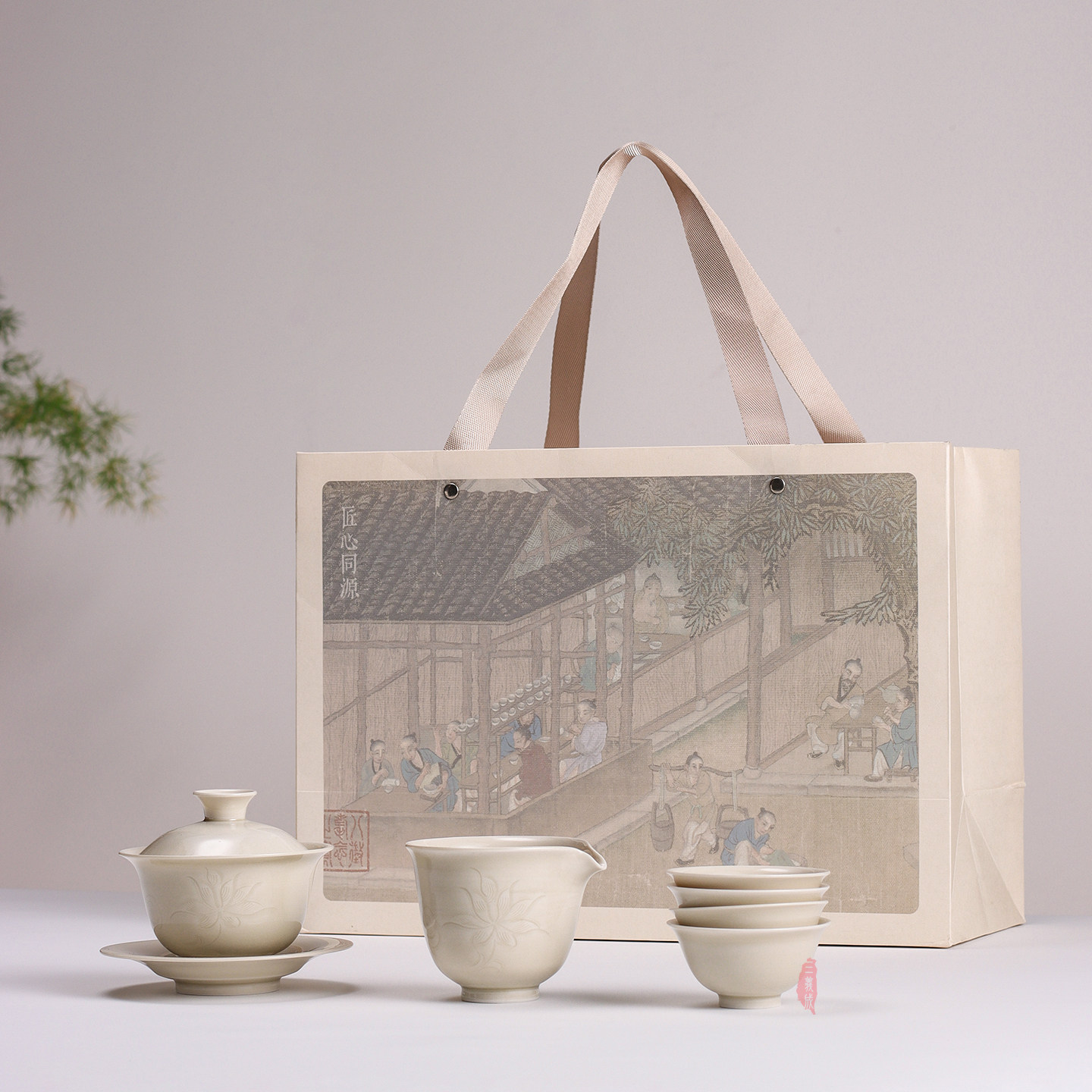三义成手工刻花白瓷茶具套组图片