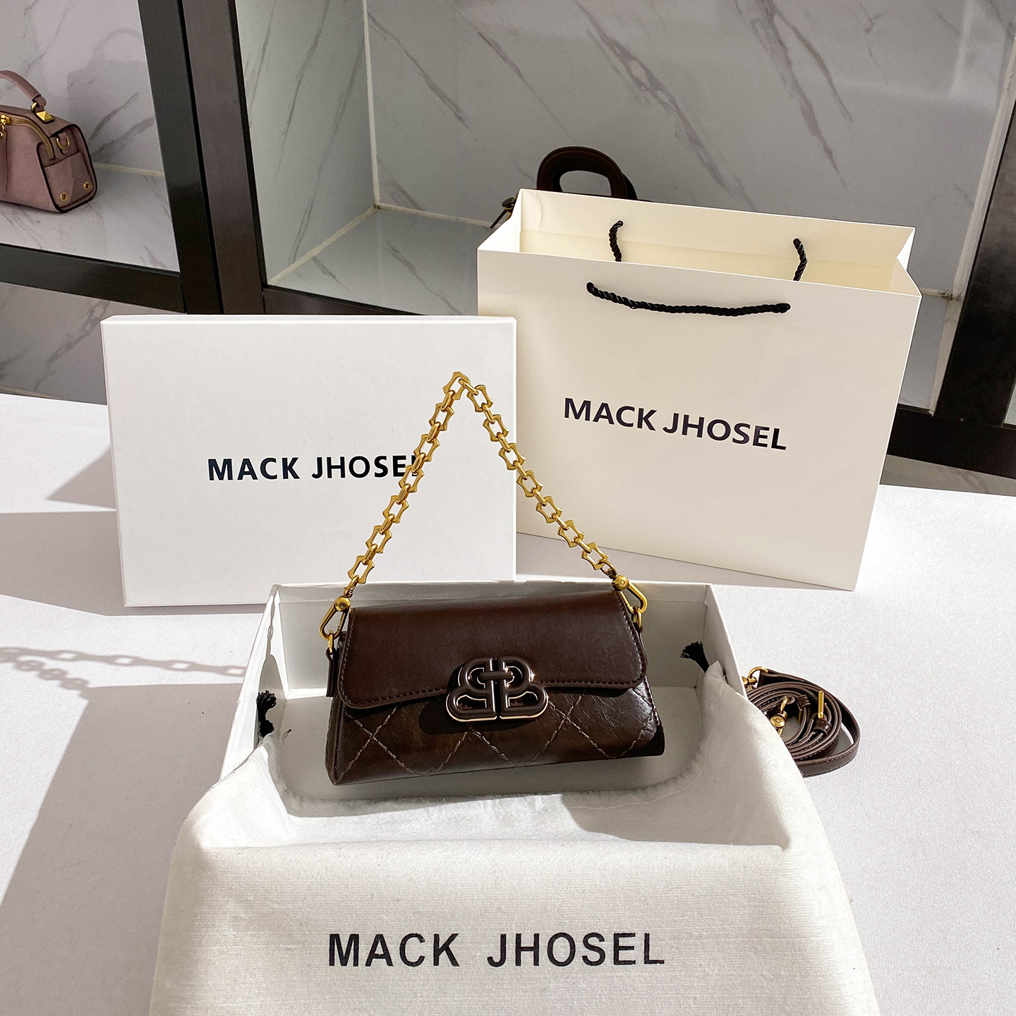 MACK JHOSEL复古轻奢菱格腋下包女2025新款金属链条斜挎包高级感