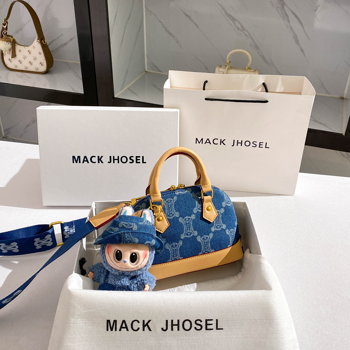 复古牛仔刺绣贝壳包手提水桶包