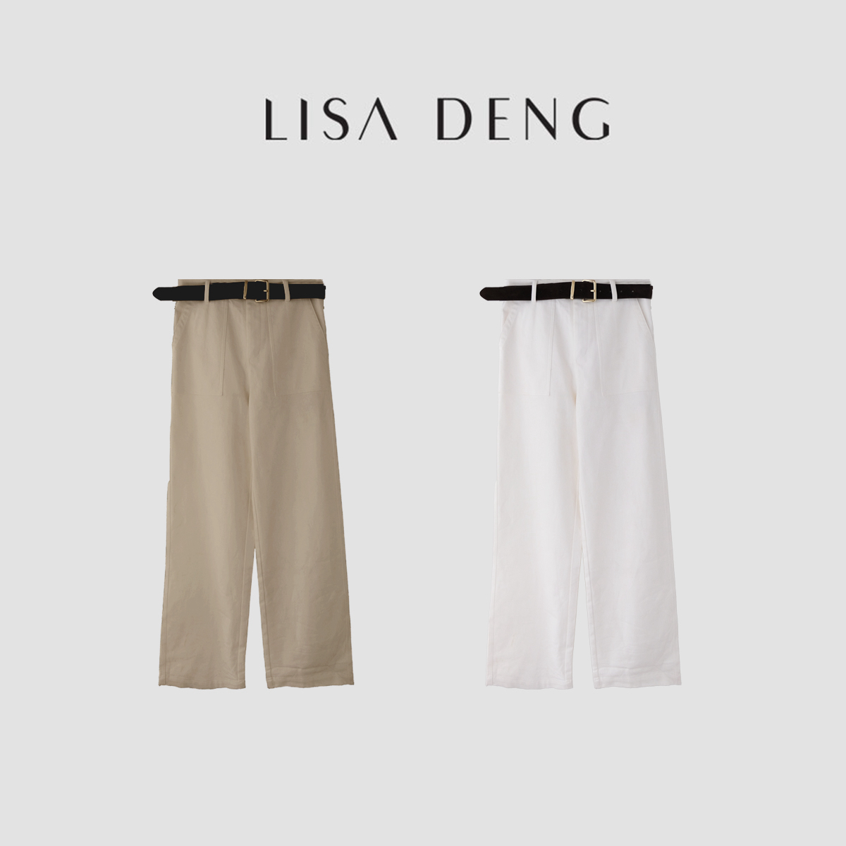 LISADENG“皇家卡其裤”纯棉加绒大口袋工装棉混纺直筒长裤含腰带