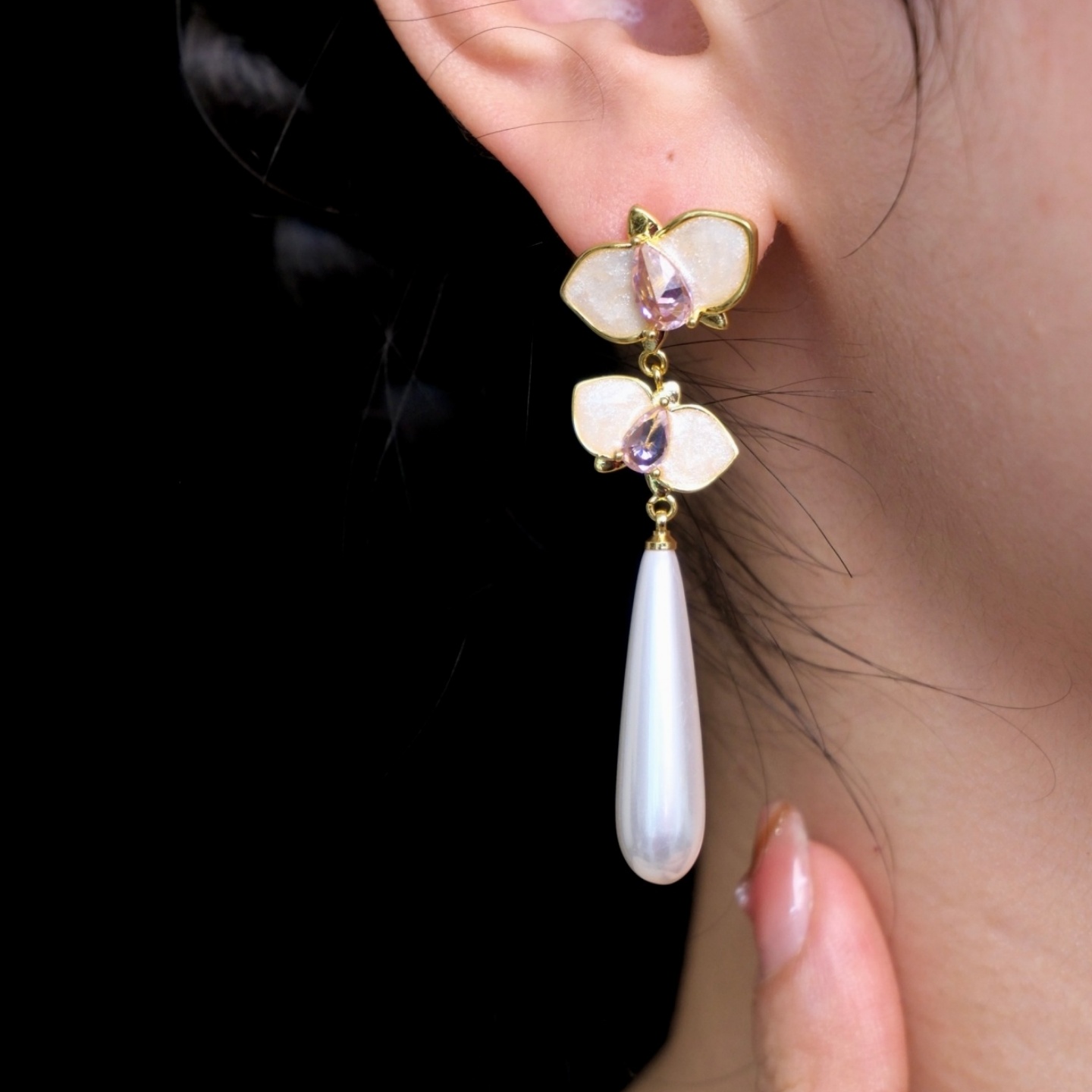 耳畔知更｜新中式复古长款流苏珍珠滴釉花朵耳夹无耳洞耳环耳饰女