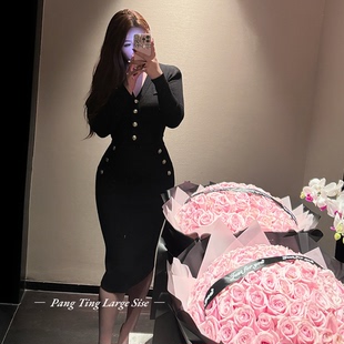 秋 黑色针织上衣半身裙套装 胖婷大码 定制微胖mm「曼哈顿街区」法式